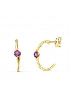 18K PENDIENTES ORO AMARILLO MEDIO ARO LISO CON AMATISTA 15X3 MM CIERRE PRESION.