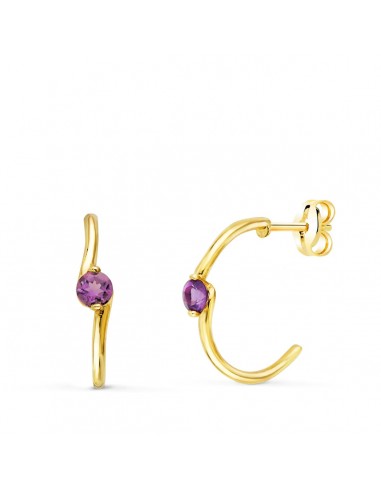 18K PENDIENTES ORO AMARILLO MEDIO ARO LISO CON AMATISTA 15X3 MM CIERRE PRESION.