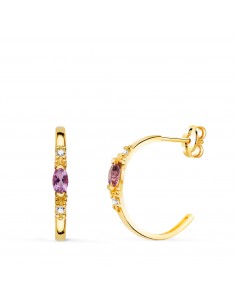 18K PENDIENTES ORO AMARILLO MEDIO ARO AMATISTA TALLA MARQUISE. 15X2 MM. CIERRE PRESION