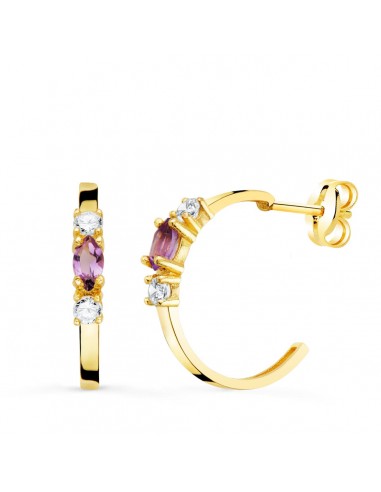 18K PENDIENTES ORO AMARILLO MEDIO ARO AMATISTA TALLA MARQUISE. 15X2 MM PRESION