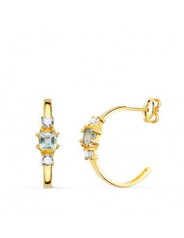 18K PENDIENTES ORO AMARILLO MEDIO ARO AGUAMARINA CUADRADA Y CIRCONITAS. 14X3 5 MM CIERRE PRESION