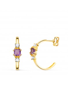 18K PENDIENTES ORO AMARILLO MEDIO ARO AMATISTA CUADRADA Y CIRCONITAS. 14X3 5 MM CIERRE PRESION