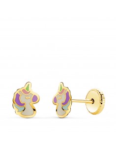 18K PENDIENTES ORO AMARILLO UNICORNIOS ESMALTE CIERRE TUERCA 7 5 X 5 MM