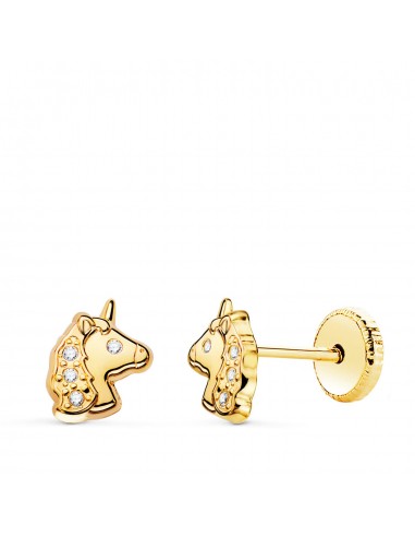 18K PENDIENTES ORO AMARILLO UNICORNIOS BRILLO CON CIRCONITA TUERCA 7 5 X 6MM