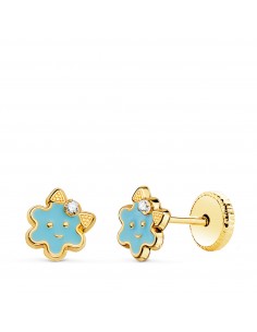 18K PENDIENTES ORO AMARILLO FLOR ESMALTE AZUL CIERRE TUERCA 6 5 X 6 5 MM