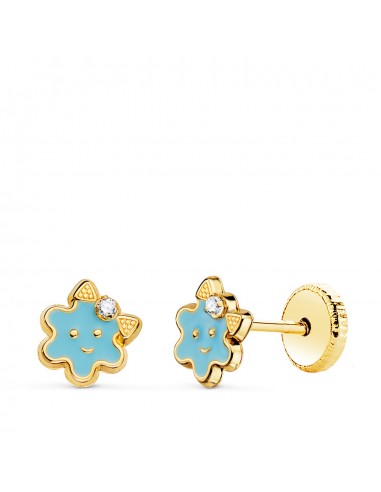 18K PENDIENTES ORO AMARILLO FLOR ESMALTE AZUL CIERRE TUERCA 6 5 X 6 5 MM