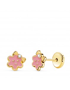18K PENDIENTES ORO AMARILLO FLOR ESMALTE ROSA CIERRE TUERCA 6 5 X 6 5 MM
