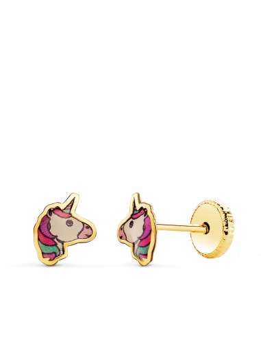 18K PENDIENTES ORO AMARILLO UNICORNIOS ESMALTE CIERRE TUERCA 6 X 5 5 MM