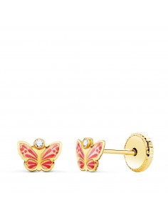 18K PENDIENTES ORO AMARILLO MARIPOSAS ESMALTE CIRCONITA TUERCA 6 X 4 MM