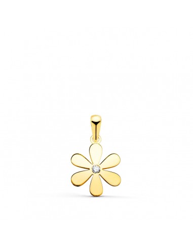 18K COLGANTE AMULETO ORO AMARILLO FLOR 6 PETALOS EN BRILLO CON CIRCONITA 14X11 MM