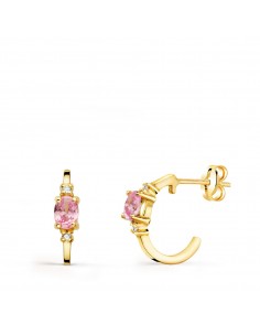 18K PENDIENTES ORO AMARILLO MEDIO ARO LISO CON CIRCONITA ROSA 12X3 MM CIERRE PRESION.