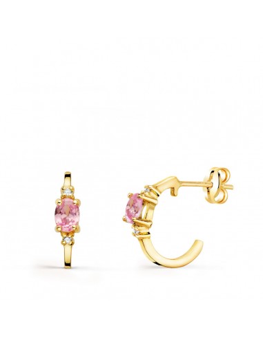 18K PENDIENTES ORO AMARILLO MEDIO ARO LISO CON CIRCONITA ROSA 12X3 MM CIERRE PRESION.