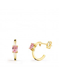 18K PENDIENTES ORO AMARILLO MEDIO ARO LISO CON CIRCONITA ROSA 12X3 MM CIERRE PRESION.