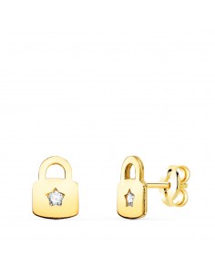 18K PENDIENTES ORO AMARILLO CANDADO CON CIRCONITA CIERRE PRESION 8 X 6 MM C. AMOR