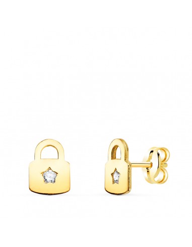 18K PENDIENTES ORO AMARILLO CANDADO CON CIRCONITA CIERRE PRESION 8 X 6 MM C. AMOR