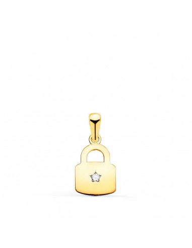 18K COLGANTE AMULETO ORO AMARILLO CANDADO EN BRILLO CON CIRCONITA 14 X 9 MM