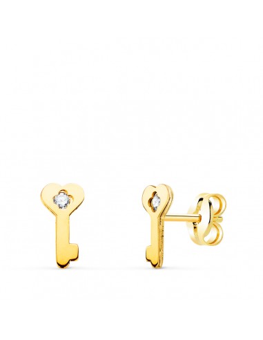18K PENDIENTES ORO AMARILLO LLAVE CON CIRCONITA CIERRE PRESION 8 X 4 MM C. AMOR