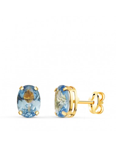 18K PENDIENTES ORO AMARILLO OVAL PIEDRA AZUL 7 X 5 MM. CIERRE PRESION