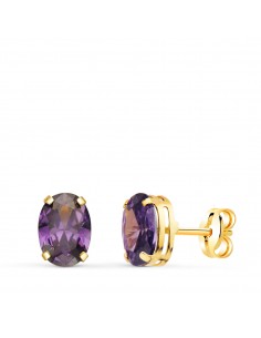 18K PENDIENTES ORO AMARILLO OVAL PIEDRA AMATISTA 7 X 5 MM. CIERRE PRESION