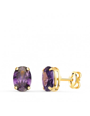 18K PENDIENTES ORO AMARILLO OVAL PIEDRA AMATISTA 7 X 5 MM. CIERRE PRESION