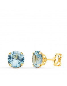 18K PENDIENTES ORO AMARILLO REDONDOS PIEDRA AZUL 6 MM. CIERRE PRESION