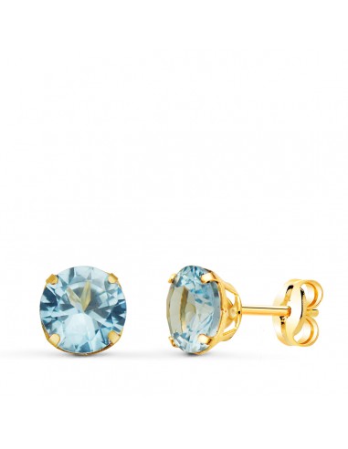 18K PENDIENTES ORO AMARILLO REDONDOS PIEDRA AZUL 6 MM. CIERRE PRESION