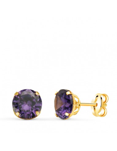 18K PENDIENTES ORO AMARILLO REDONDOS PIEDRA COLOR AMATISTA 6 MM. CIERRE PRESION