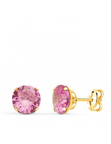 18K PENDIENTES ORO AMARILLO REDONDOS PIEDRA ROSA 6 MM. CIERRE PRESION