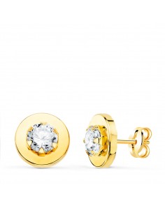 18K PENDIENTES ORO AMARILLO CERCO LISO Y CIRCONITA EN GARRAS 5MM. 9 MM CIERRE PRESION