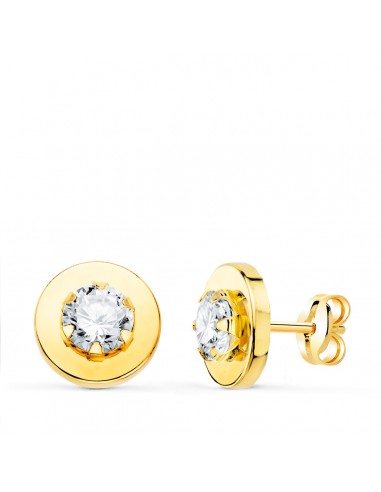 18K PENDIENTES ORO AMARILLO CERCO LISO Y CIRCONITA EN GARRAS 5MM. 9 MM CIERRE PRESION