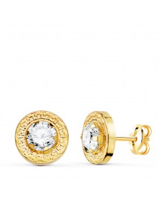 18K PENDIENTES ORO AMARILLO CERCO GRECA Y CIRCONITA GARRAS 5MM. 9 MM CIERRE PRESION