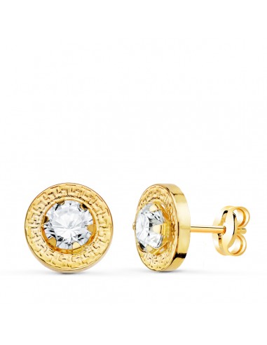 18K PENDIENTES ORO AMARILLO CERCO GRECA Y CIRCONITA GARRAS 5MM. 9 MM CIERRE PRESION