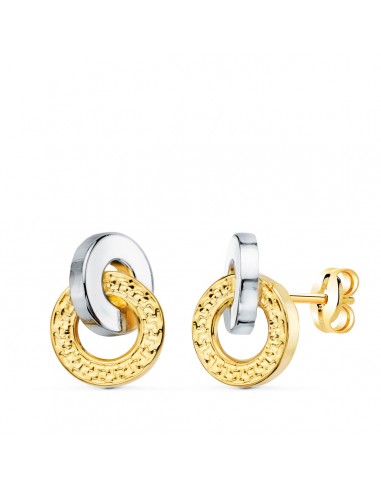 18K PENDIENTES ORO BICOLOR DOBLE ARO LISO Y GRECA 10 X 7 MM. CIERRE PRESION