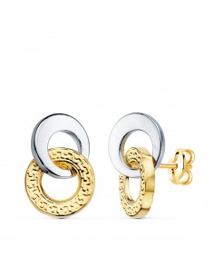 18K PENDIENTES ORO BICOLOR DOBLE ARO LISO Y GRECA 13 X 9 MM. CIERRE PRESION