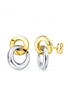 18K PENDIENTES ORO BICOLOR DOBLE ARO BRILLO 13 X 10 MM. CIERRE PRESION