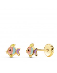 18K PENDIENTES ORO AMARILLO PECES ESMALTE COLORES 5 5 X 5 MM CIERRE TUERCA