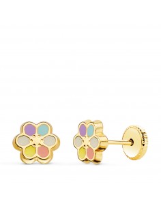 18K PENDIENTES ORO AMARILLO FLOR ESMALTE 7 X 7 MM CIERRE TUERCA