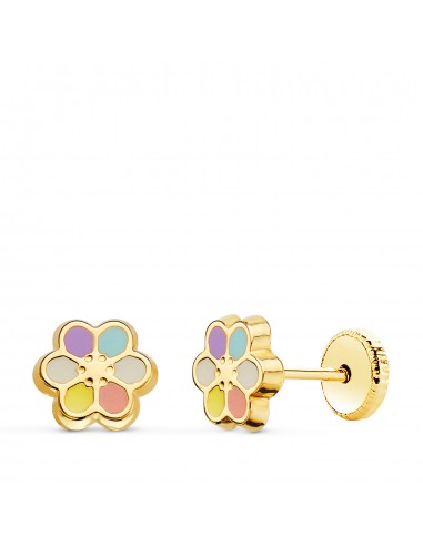 18K PENDIENTES ORO AMARILLO FLOR ESMALTE 7 X 7 MM CIERRE TUERCA