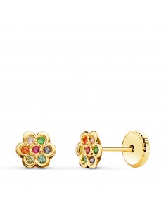 18K PENDIENTES ORO AMARILLO FLOR CON CIRCONITA COLORES 5X5 MM CIERRE TUERCA