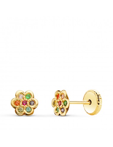 18K PENDIENTES ORO AMARILLO FLOR CON CIRCONITA COLORES 5X5 MM CIERRE TUERCA