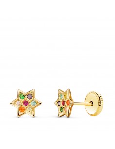 18K PENDIENTES ORO AMARILLO ESTRELLA CON CIRCONITA COLORES 6X6 MM CIERRE TUERCA