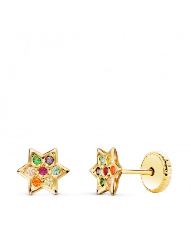 18K PENDIENTES ORO AMARILLO ESTRELLA CON CIRCONITA COLORES 6X6 MM CIERRE TUERCA