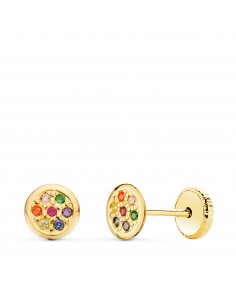 18K PENDIENTES ORO AMARILLO REDONDOS CON CIRCONITA COLORES 5 5 MM CIERRE TUERCA