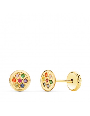 18K PENDIENTES ORO AMARILLO REDONDOS CON CIRCONITA COLORES 5 5 MM CIERRE TUERCA