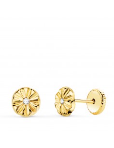 18K PENDIENTES ORO AMARILLO REDONDOS CON CIRCONITA 5 X 5 MM CIERRE TUERCA