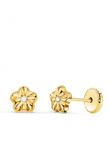 18K PENDIENTES ORO AMARILLO FLOR CON CIRCONITA 5 X 5 MM CIERRE TUERCA