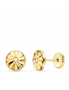 18K PENDIENTES ORO AMARILLO REDONDOS CON CIRCONITA 6 5 MM CIERRE TUERCA