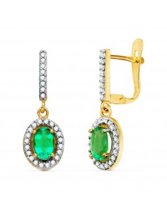 18K PENDIENTES ORO BICOLOR DOS CUERPOS ESMERALDA 6 X 4 MM Y CIRCONITAS. 22 X 8MM CIERRE CATALAN