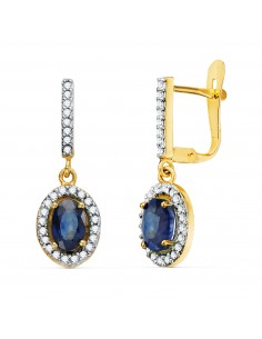 18K PENDIENTES ORO BICOLOR DOS CUERPOS ZAFIRO AZUL  6 X 4 MM Y CIRCONITAS. 22 X 8MM CIERRE CATALAN