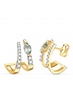 18K PENDIENTES ORO AMARILLO BANDAS CON CIRCONITA Y TOPACIO AZUL 15 X 11MM PRESION